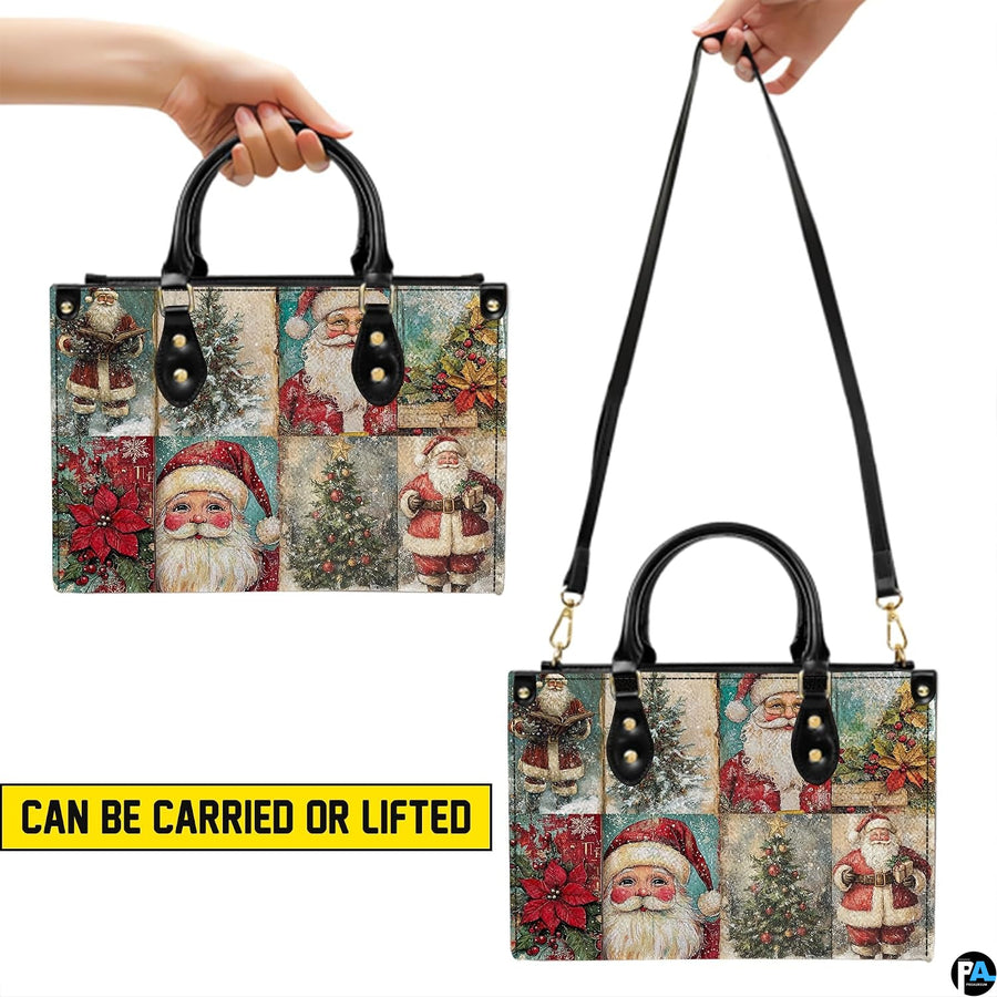 Angled front view displaying the multi-panel Santa Claus, snowy tree, and poinsettia artwork.
