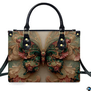 Straight-on studio portrait of emerald Rococo butterfly handbag against white background