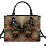 Straight-on studio portrait of emerald Rococo butterfly handbag against white background