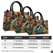Three size presentations of a geometric blue peacock handbag