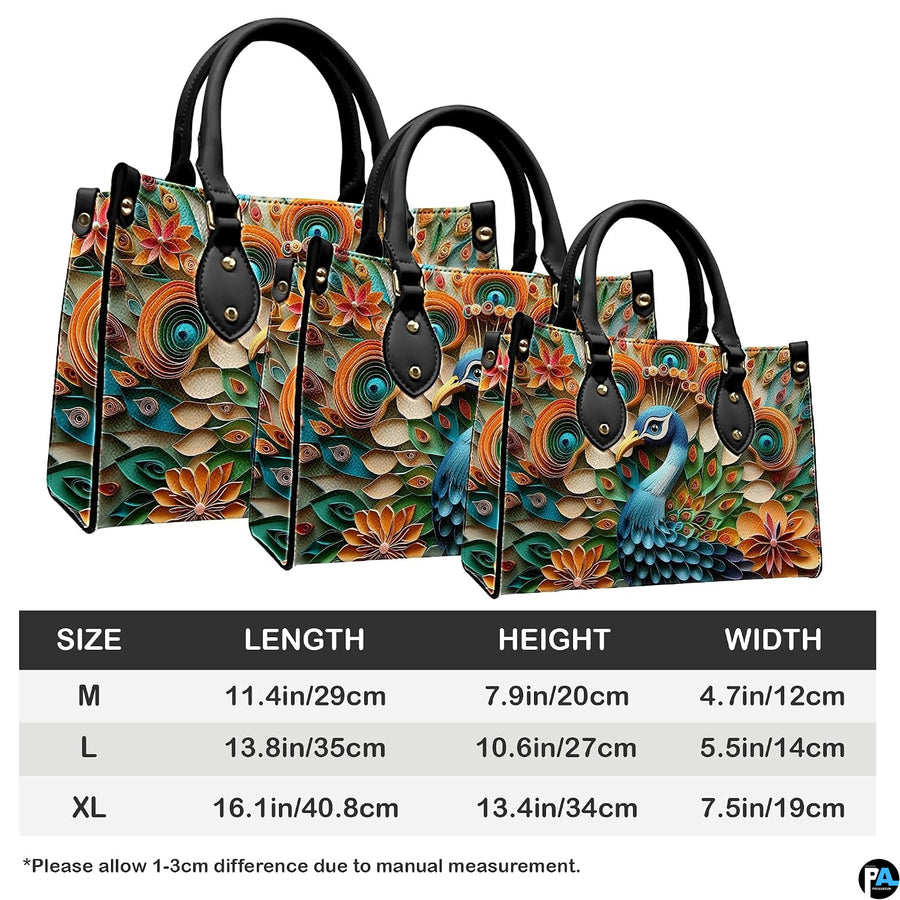 Three size presentations of a geometric blue peacock handbag