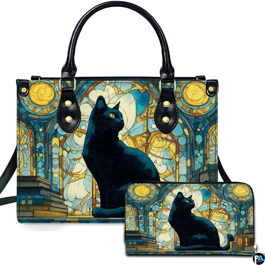Studio presentation of cat on books stained glass artwork alongside matching companion accessory.