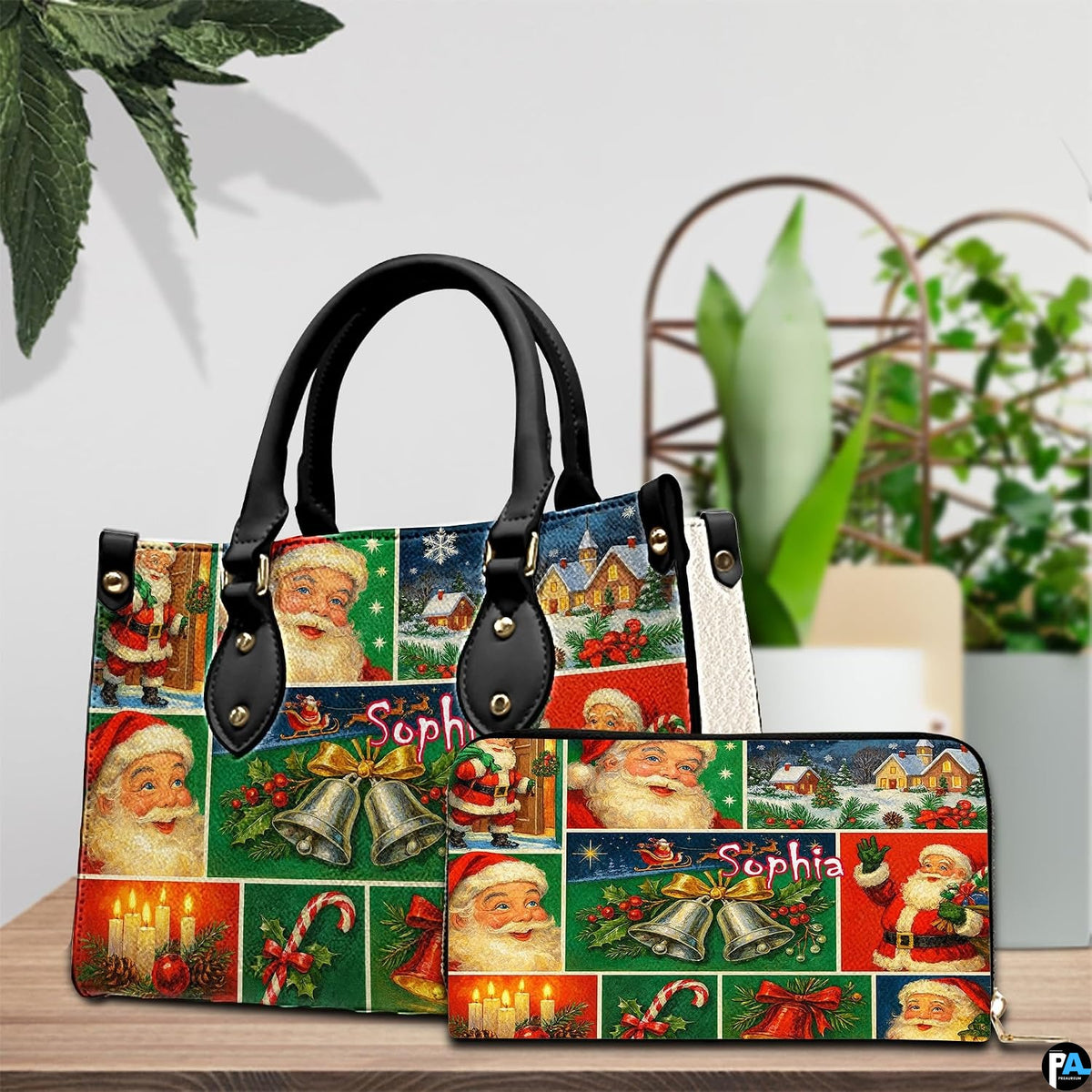 Display showing both vintage Santa handbag and matching zip wallet on table.
