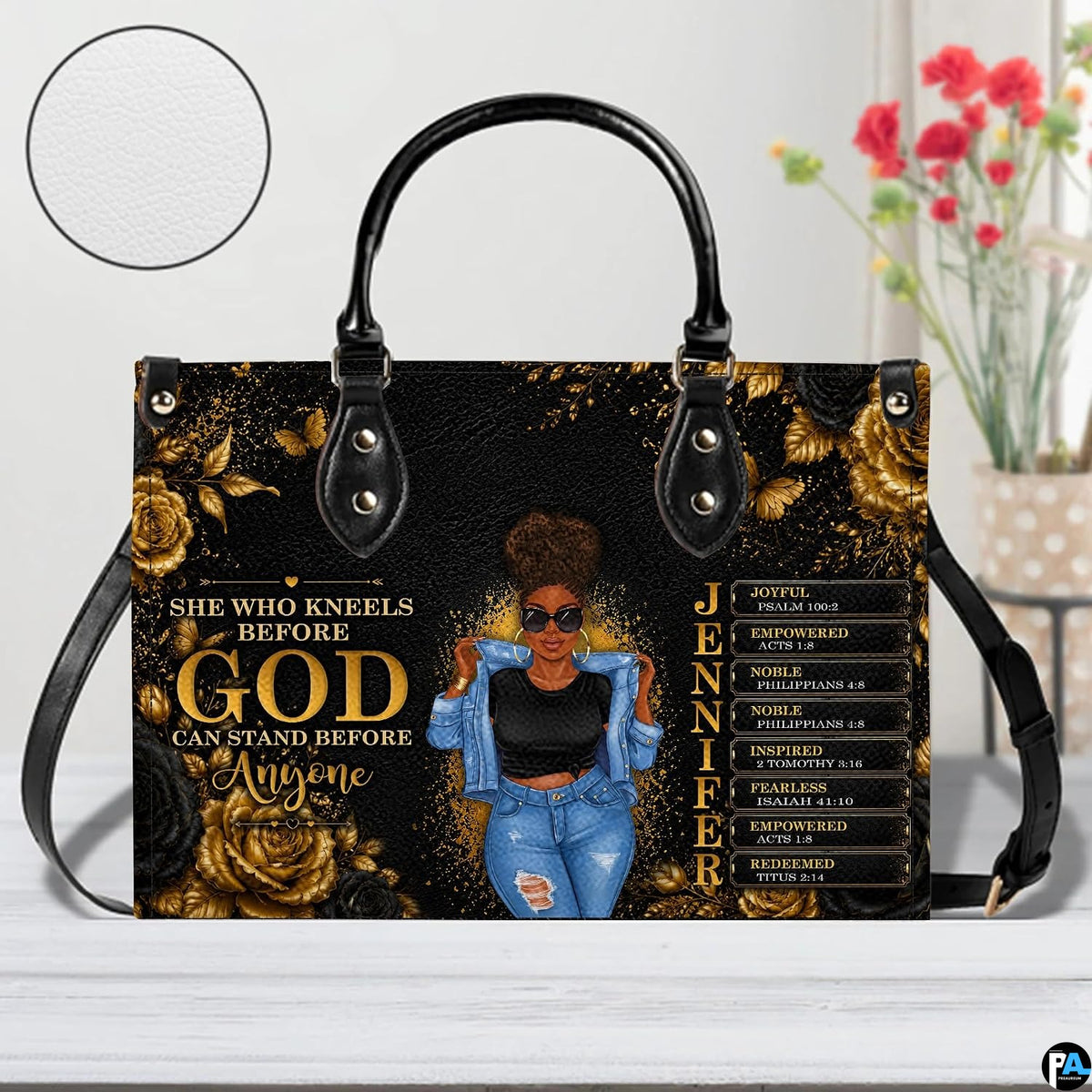 Frontal presentation highlighting the African American Christian artwork design on the primary accessory silhouette.