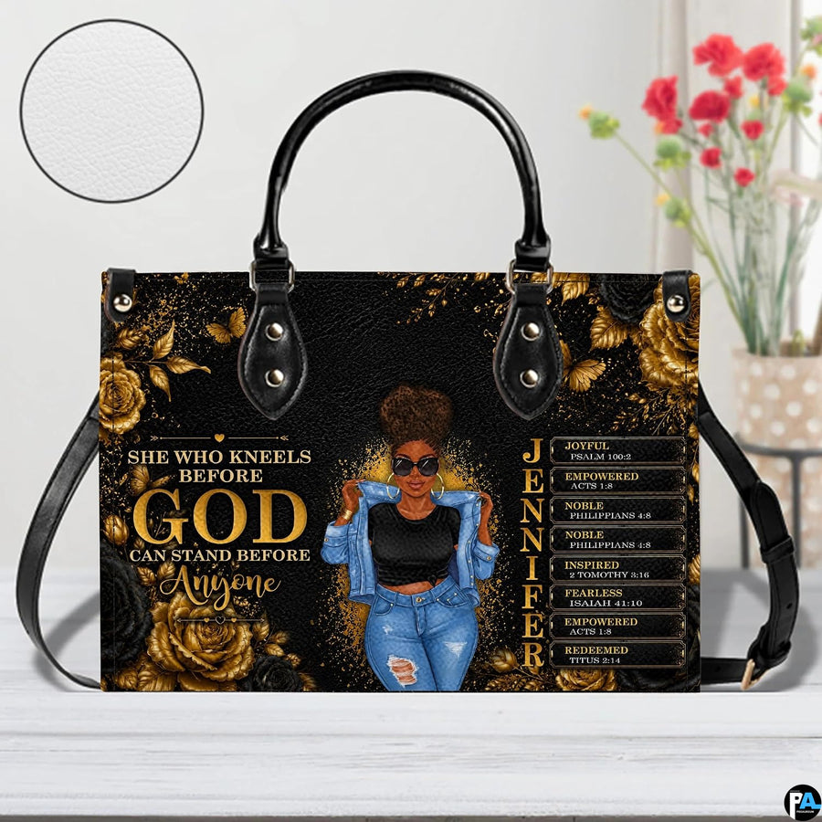 Frontal presentation highlighting the African American Christian artwork design on the primary accessory silhouette.