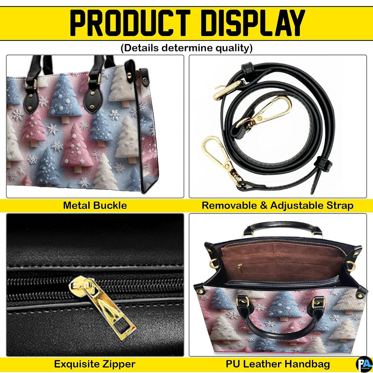 Multi angle graphic overview displaying features of the frosted winter pine tree accessory
