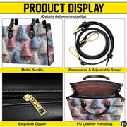 Multi angle graphic overview displaying features of the frosted winter pine tree accessory