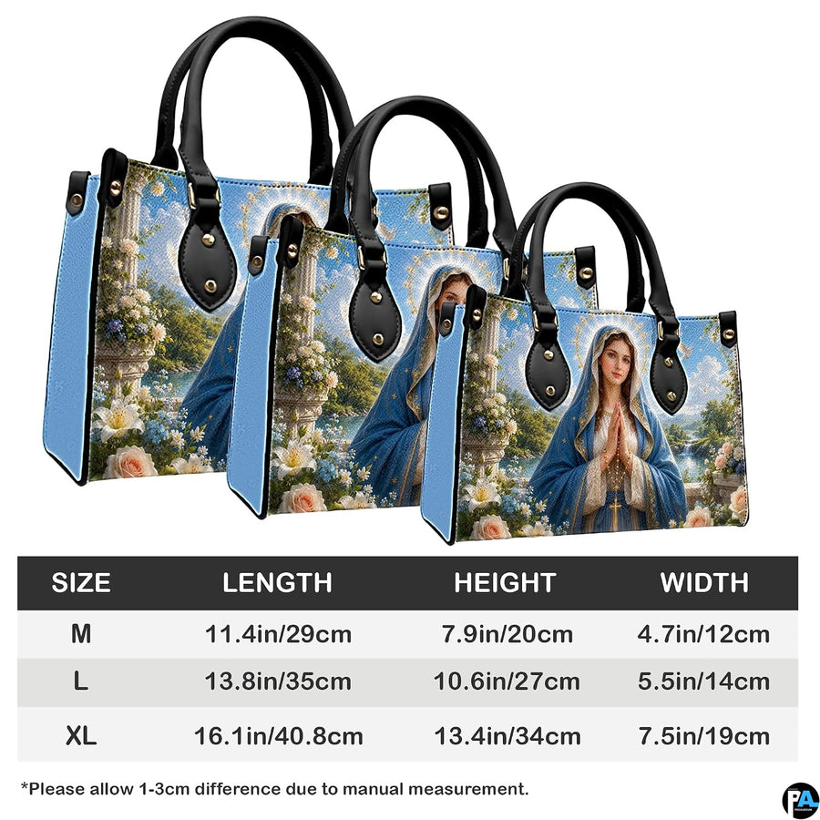 Detailed view of matching wallet featuring Virgin Mary on scenic marble terrace
