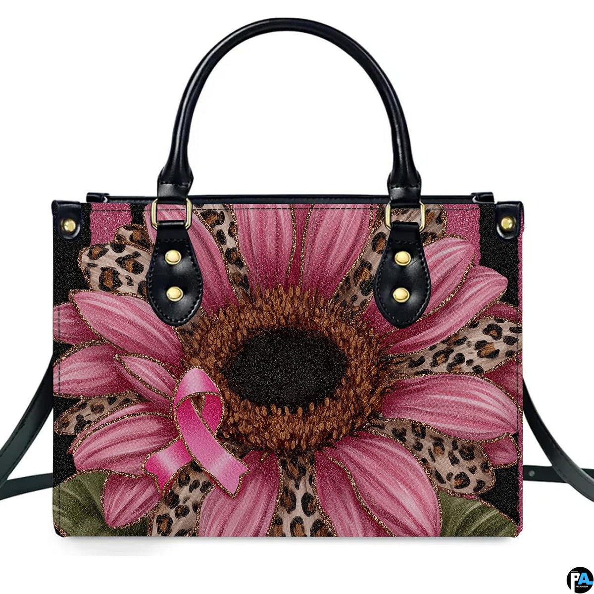 Studio perspective displaying front view of pink sunflower art accessory showcasing leopard petals.