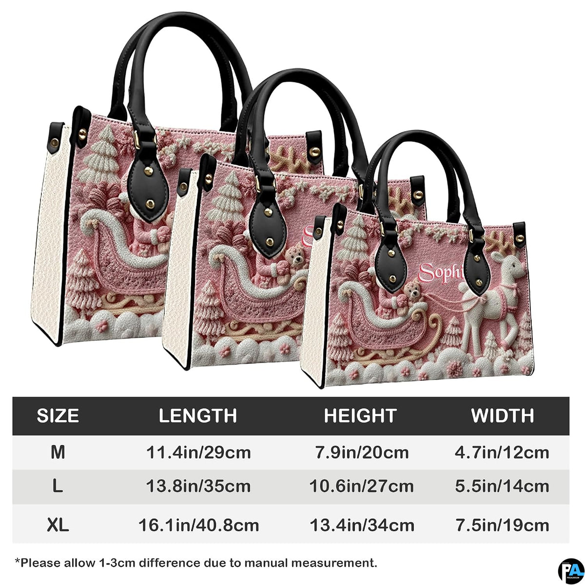 Size comparison chart detailing Medium, Large, and Extra Large handbag dimensions.