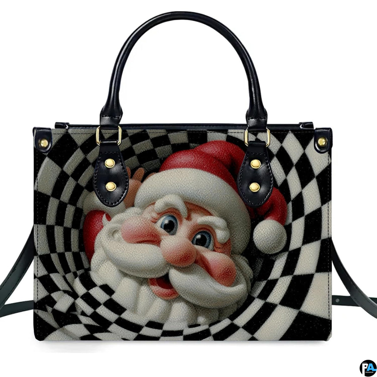 Front studio shot of structured holiday handbag highlighting the optical illusion Santa Claus graphic