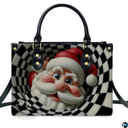 Front studio shot of structured holiday handbag highlighting the optical illusion Santa Claus graphic