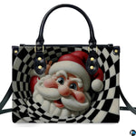 Front studio shot of structured holiday handbag highlighting the optical illusion Santa Claus graphic