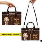 Chibi blonde nurse leopard handbag displayed indoors alongside floral vase with circular texture swatch.