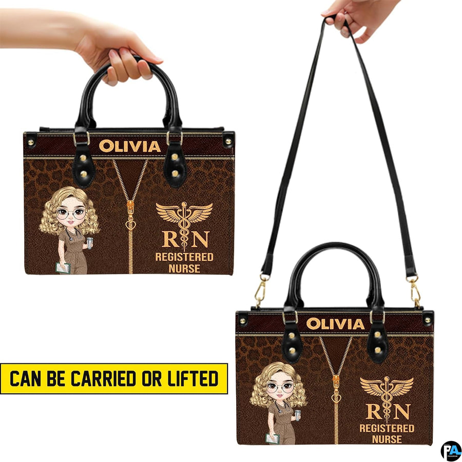 Chibi blonde nurse leopard handbag displayed indoors alongside floral vase with circular texture swatch.