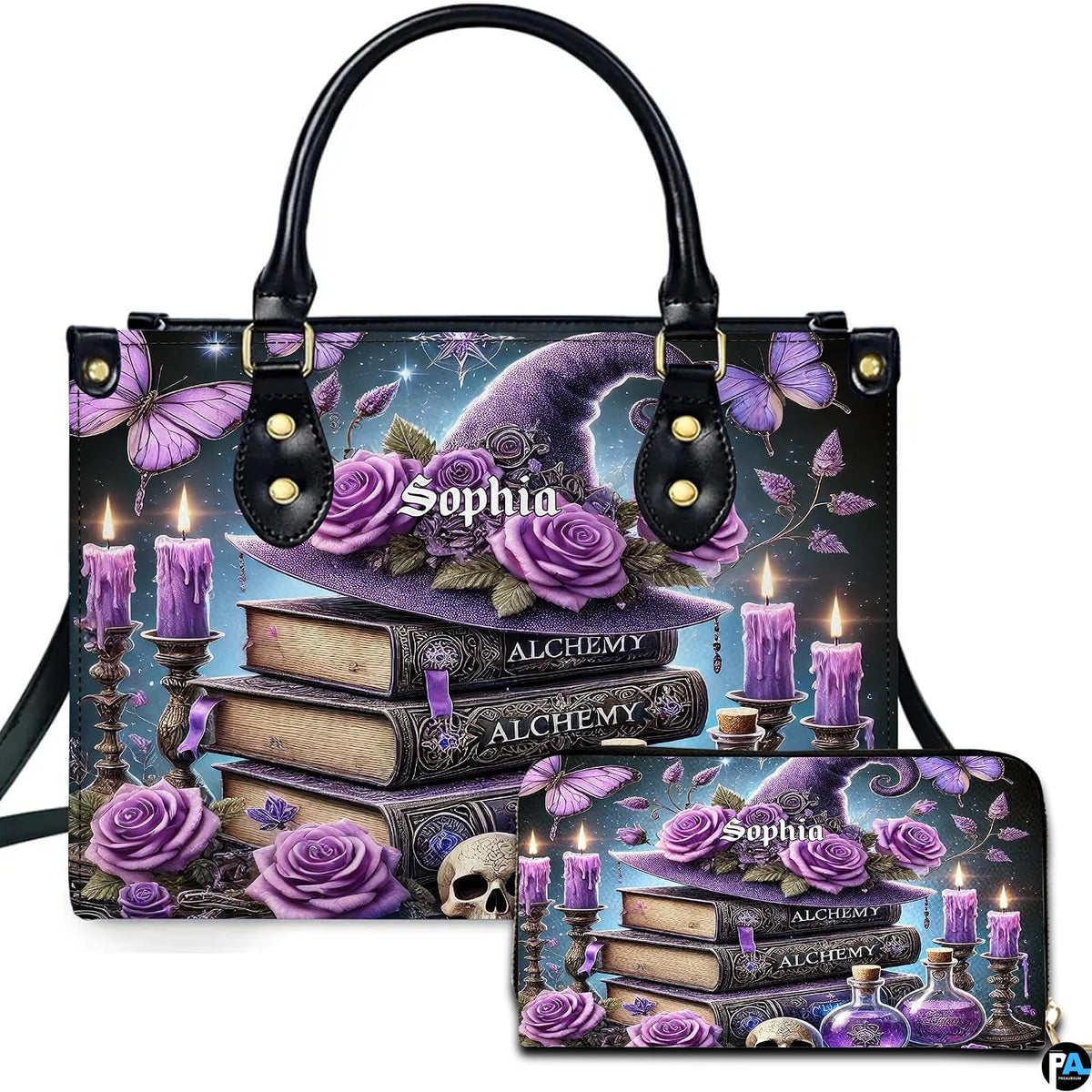 Studio front view of handbag and wallet set with purple witch hat, spellbooks, and potion bottle artwork.