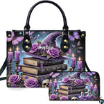 Studio front view of handbag and wallet set with purple witch hat, spellbooks, and potion bottle artwork.