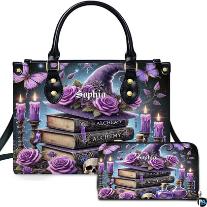Studio front view of handbag and wallet set with purple witch hat, spellbooks, and potion bottle artwork.