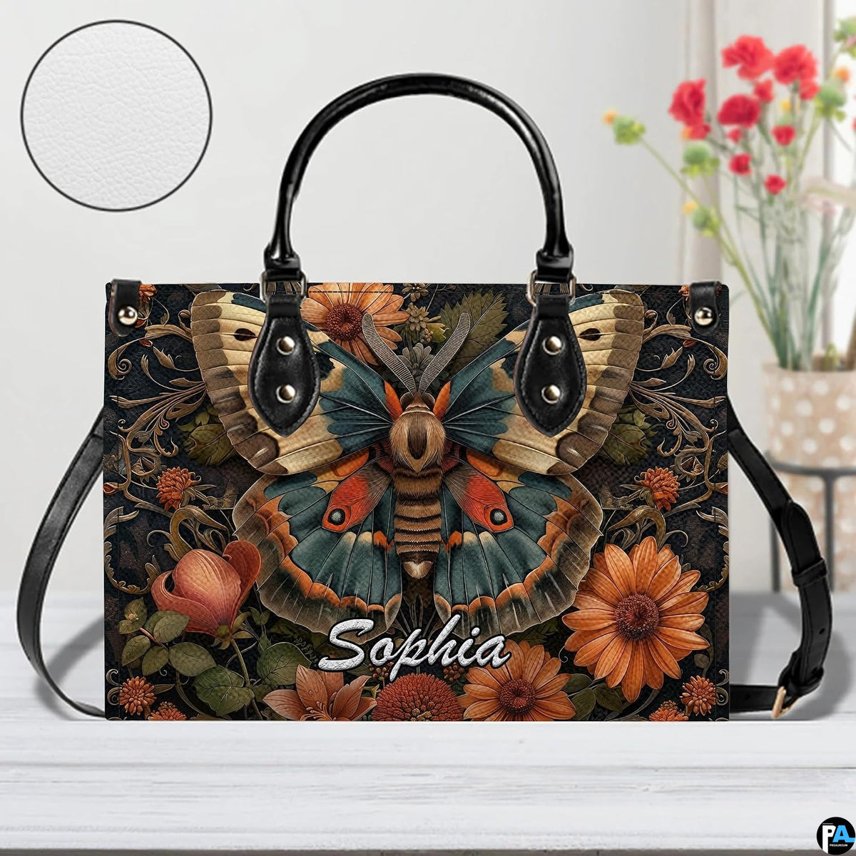 Close-up front view of matching vintage moth zippered wallet