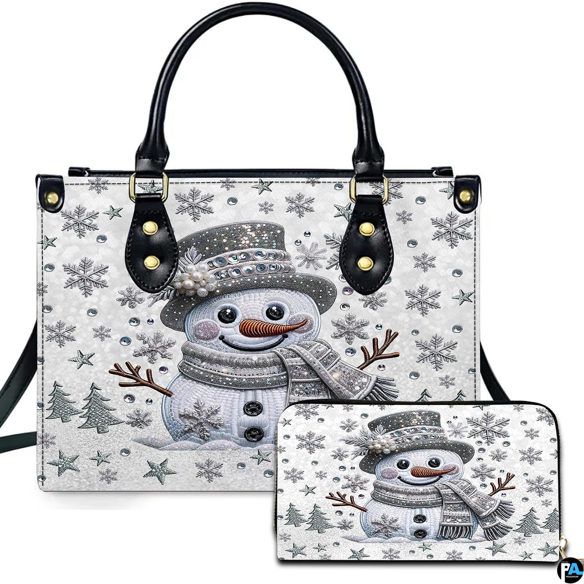 Front view of matching winter accessories featuring sparkling crystal snowman, beaded top hat, and silver snowflakes.
