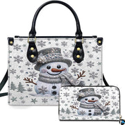 Front view of matching winter accessories featuring sparkling crystal snowman, beaded top hat, and silver snowflakes.