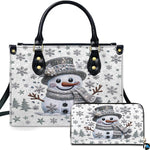 Front view of matching winter accessories featuring sparkling crystal snowman, beaded top hat, and silver snowflakes.