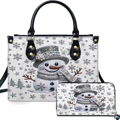 Front view of matching winter accessories featuring sparkling crystal snowman, beaded top hat, and silver snowflakes.