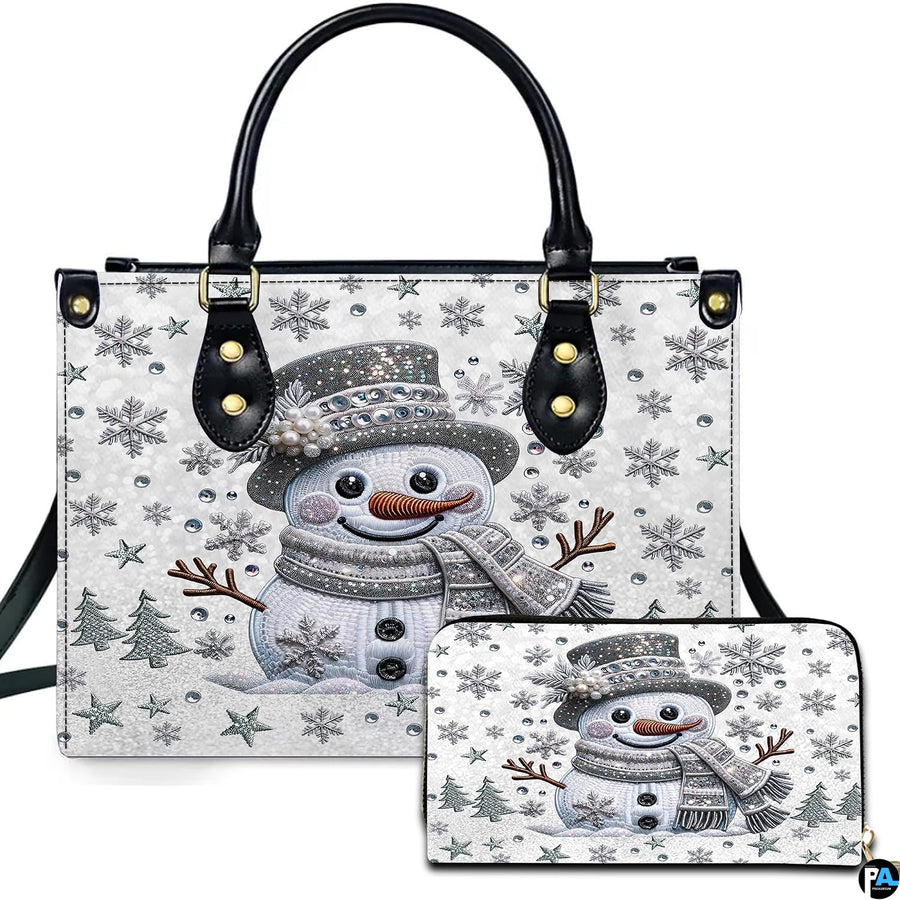 Front view of matching winter accessories featuring sparkling crystal snowman, beaded top hat, and silver snowflakes.