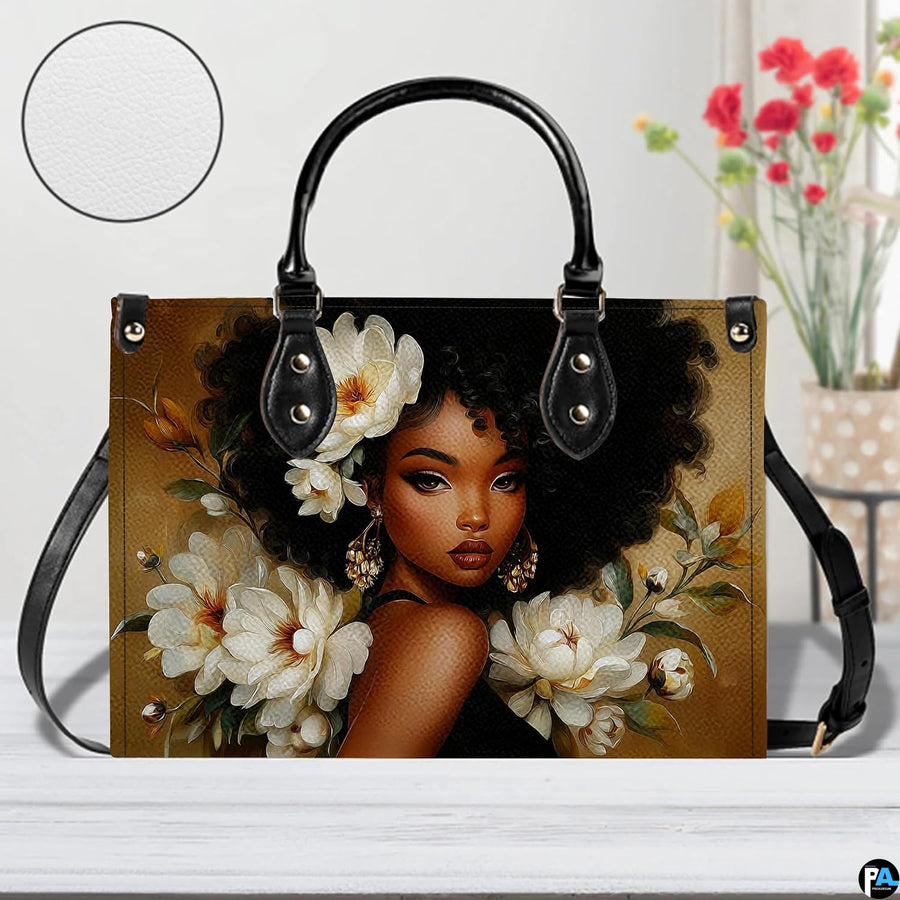 Display on white table beside floral decor with texture detail inset circle.