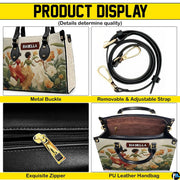 Detailed four-panel feature overview highlighting metallic hardware, zipper pull, strap, and interior.