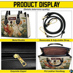 Detailed four-panel feature overview highlighting metallic hardware, zipper pull, strap, and interior.
