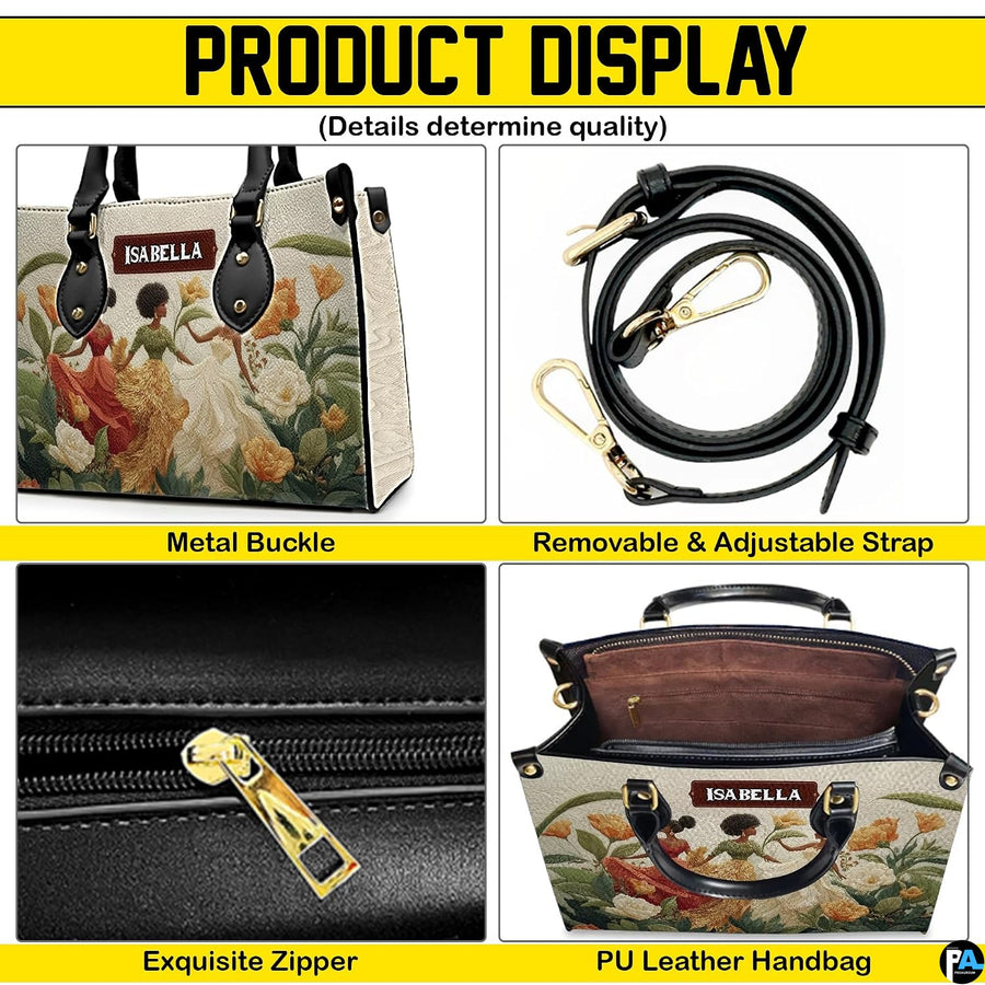 Detailed four-panel feature overview highlighting metallic hardware, zipper pull, strap, and interior.