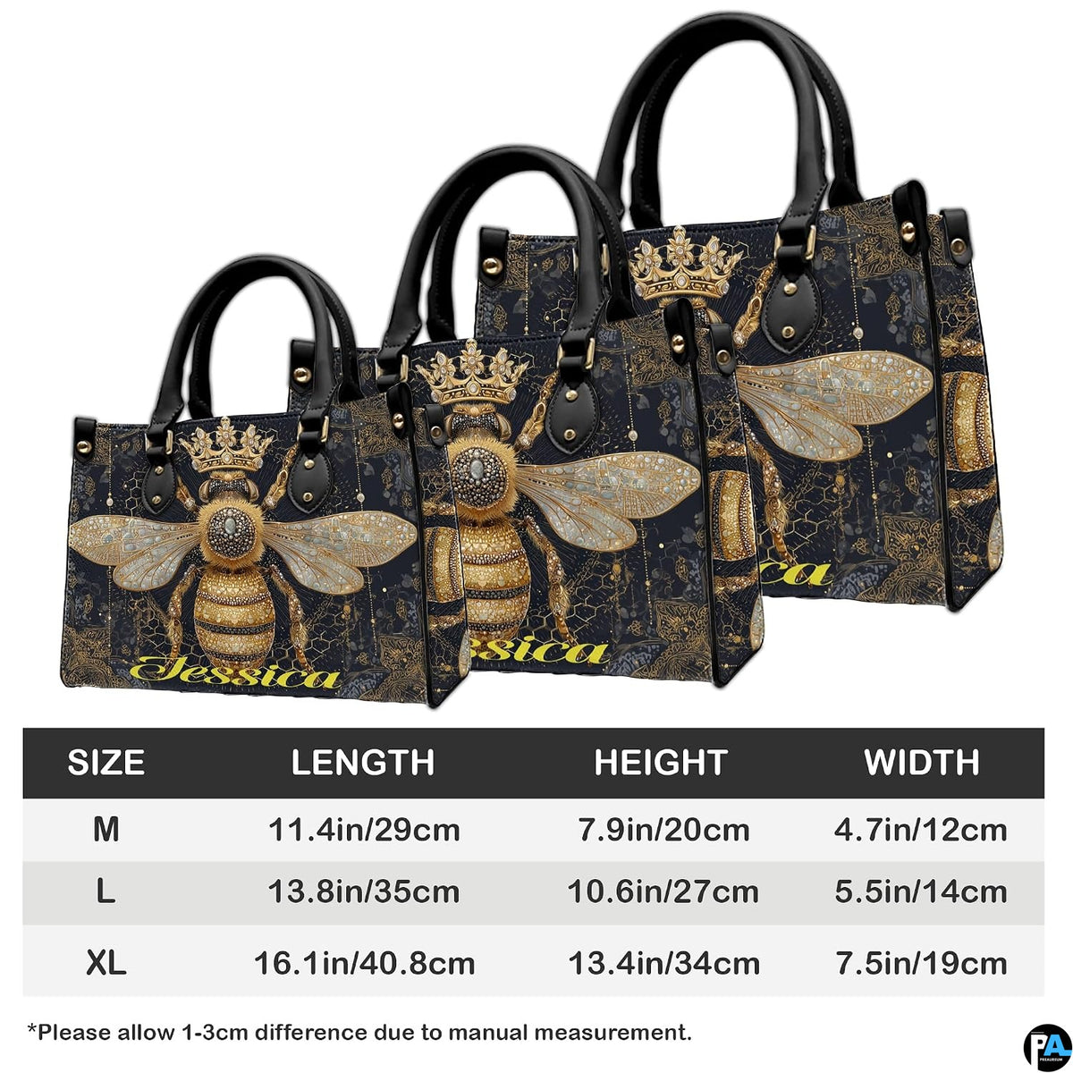 Back view of queen bee handbag displaying black background with golden damask pattern.