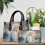 Our Lady Star of the Sea handbag and matching zippered wallet displayed on wooden table.