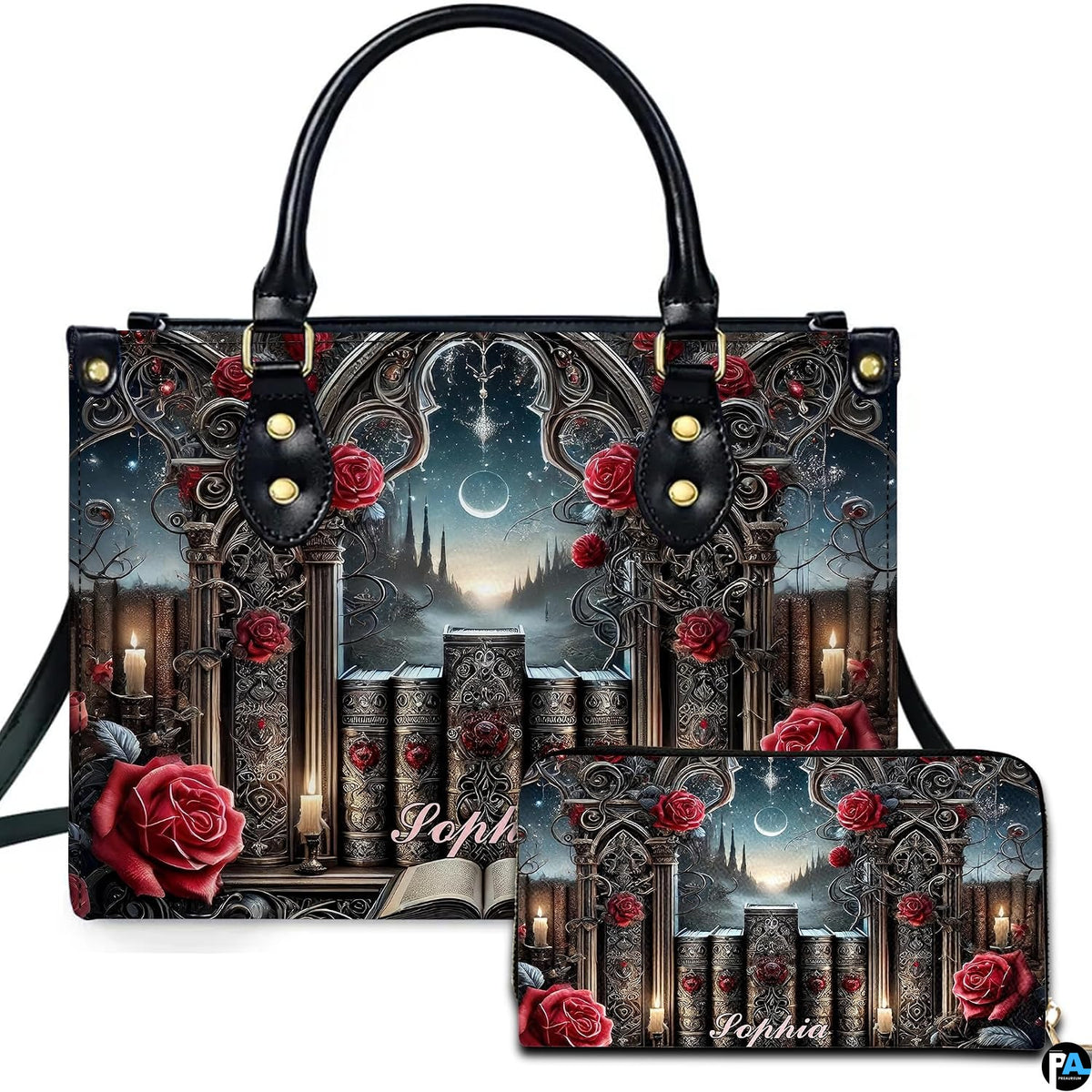 Gothic cathedral archway handbag and matching zip wallet set featuring stacked books, red roses, and crescent moon.