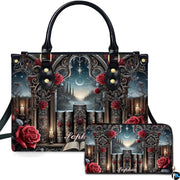 Gothic cathedral archway handbag and matching zip wallet set featuring stacked books, red roses, and crescent moon.