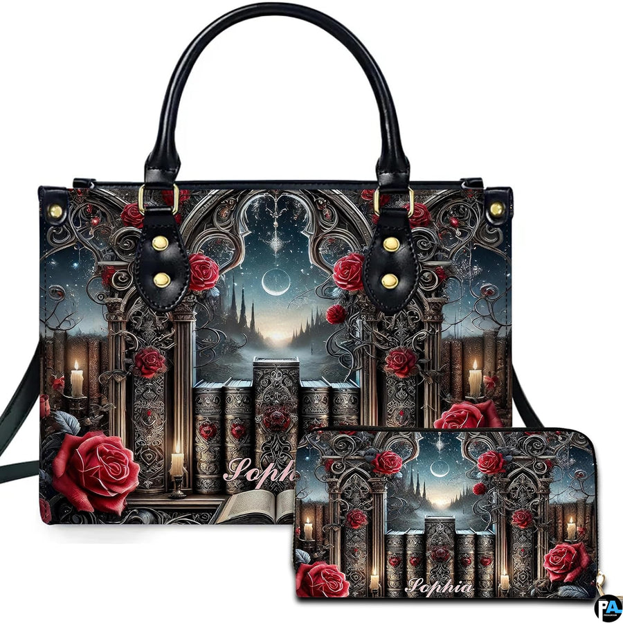 Gothic cathedral archway handbag and matching zip wallet set featuring stacked books, red roses, and crescent moon.