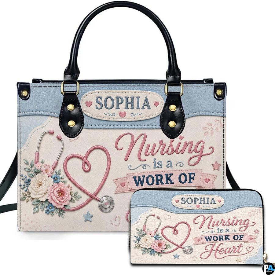 Pink stethoscope heart print featuring powder blue scallops, sculpted blush peonies, and embossed nursing typography.