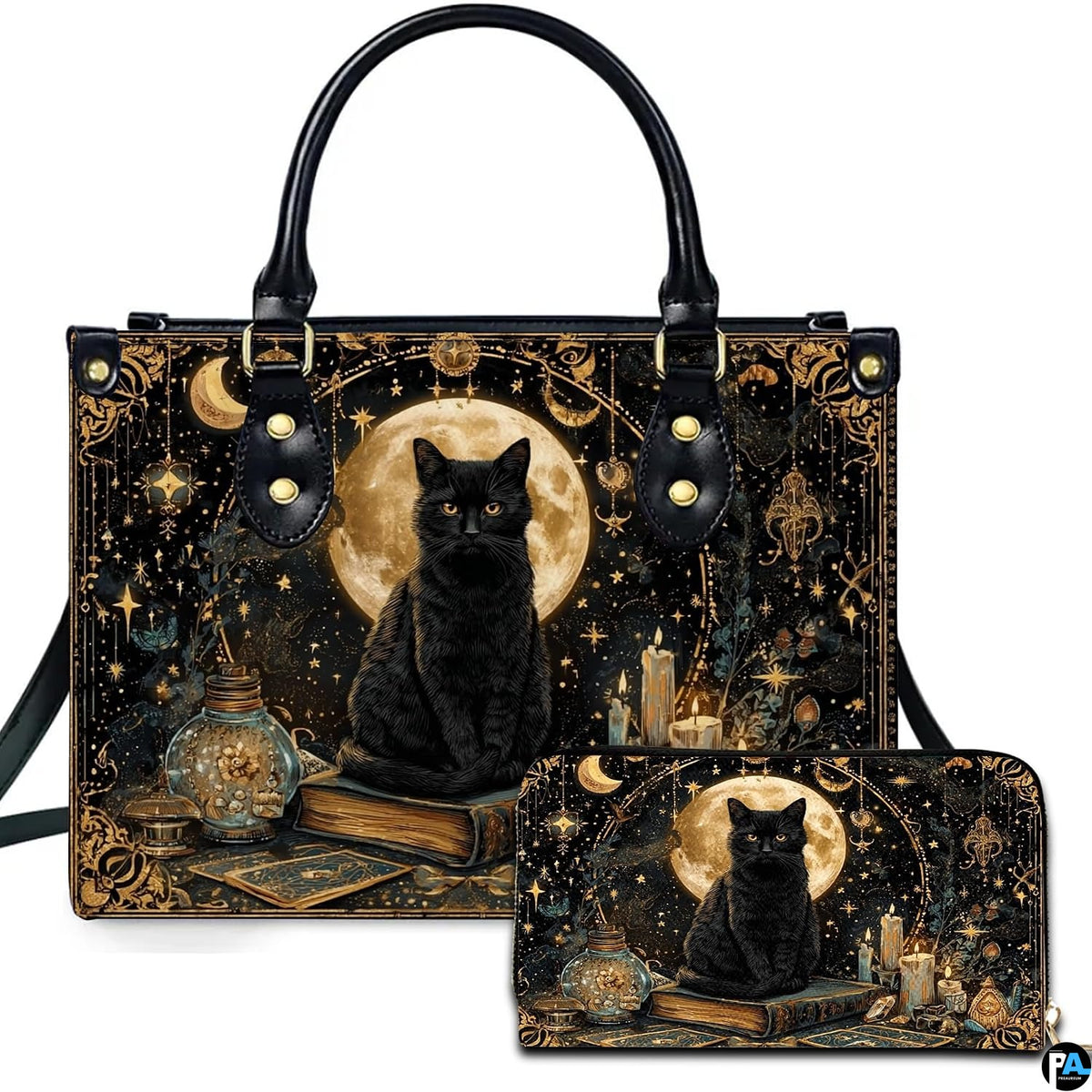 Black Cat Leather Bag – Vintage Cat Art Handbag, Stylish Animal-Themed Purse, Unique Gift for Cat Lovers