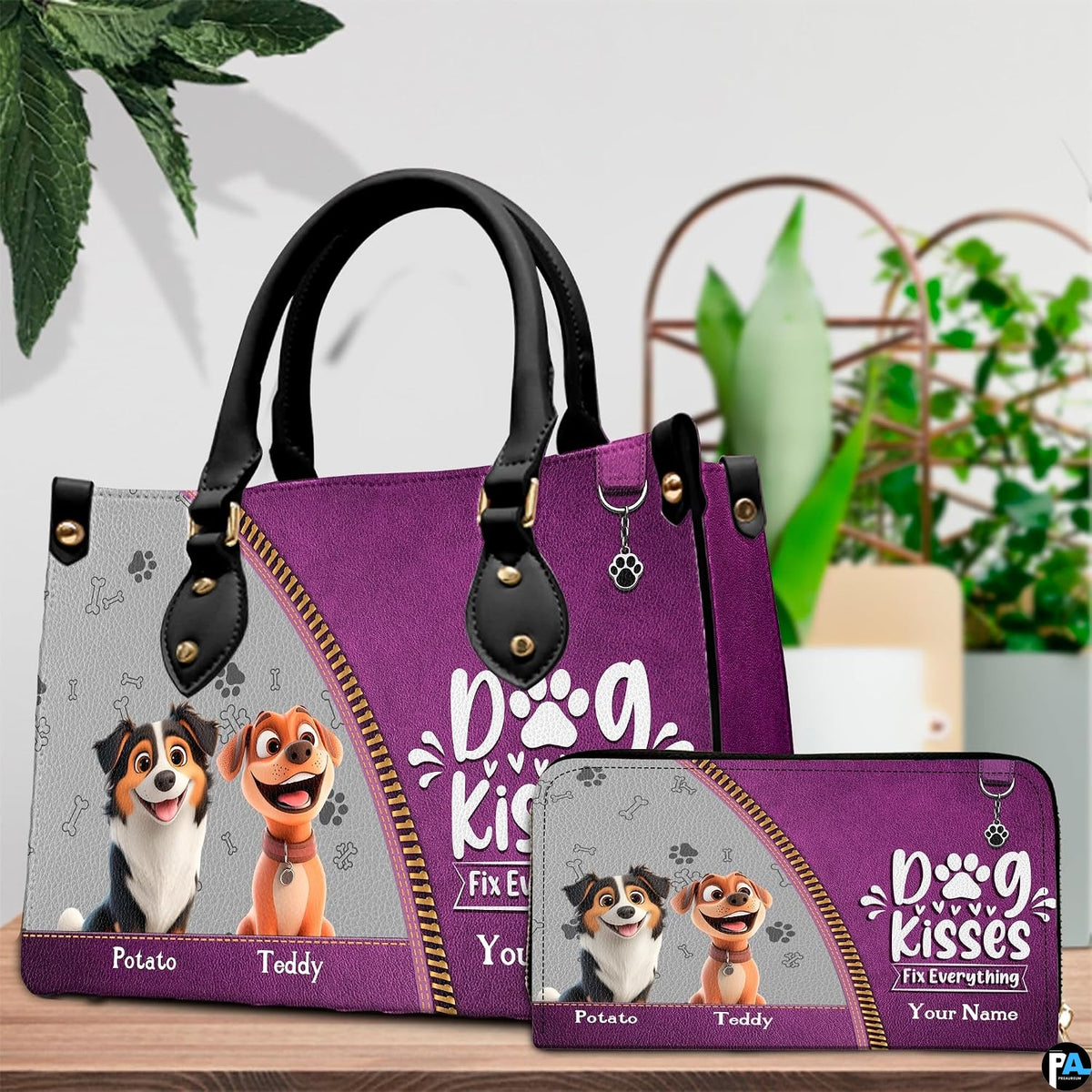 Alternative angle view showing cartoon canine handbag and wallet matching pair