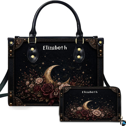 Crescent moon art featuring a golden lunar crescent and gothic roses presented across an accessory pairing.