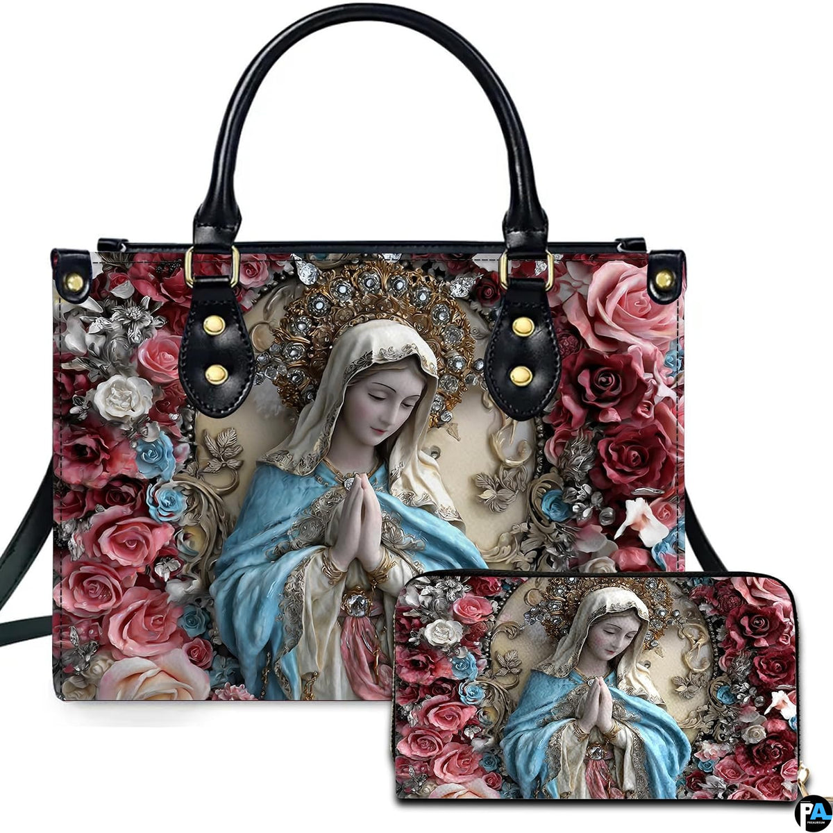 Floral devotional accessory set displaying praying Virgin Mary encircled by deep red and pink rose blossoms.