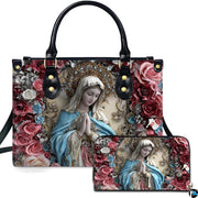 Floral devotional accessory set displaying praying Virgin Mary encircled by deep red and pink rose blossoms.