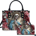 Floral devotional accessory set displaying praying Virgin Mary encircled by deep red and pink rose blossoms.