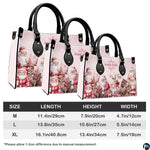 Size chart showing medium, large, and extra-large dimensions for vintage Santa handbag.