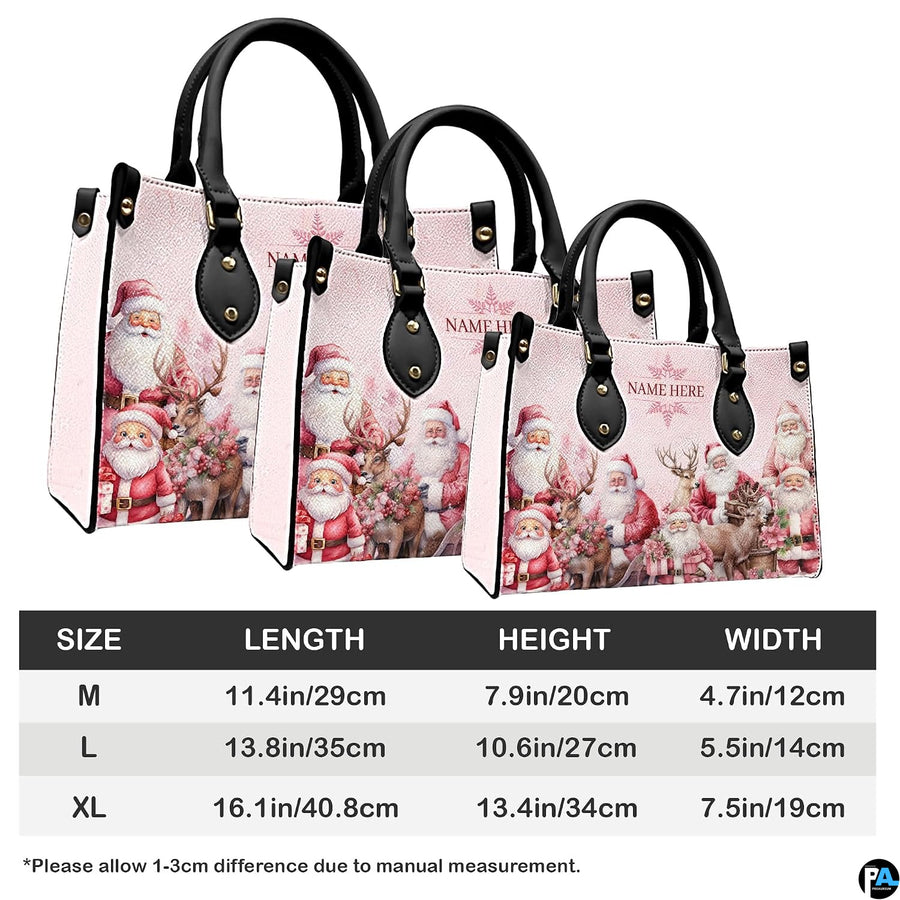 Size chart showing medium, large, and extra-large dimensions for vintage Santa handbag.