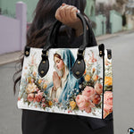 Handbag on white tabletop with circular close-up inset illustrating textured exterior surface.
