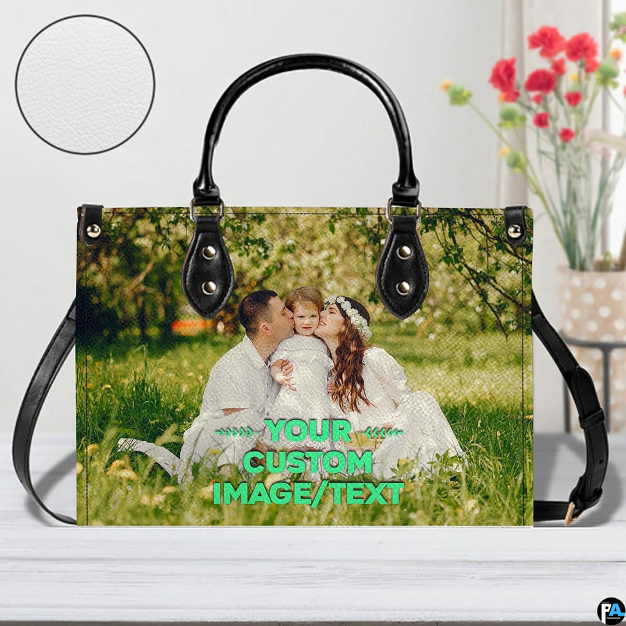 Front view of handbag standing upright on white surface with circular texture inset.