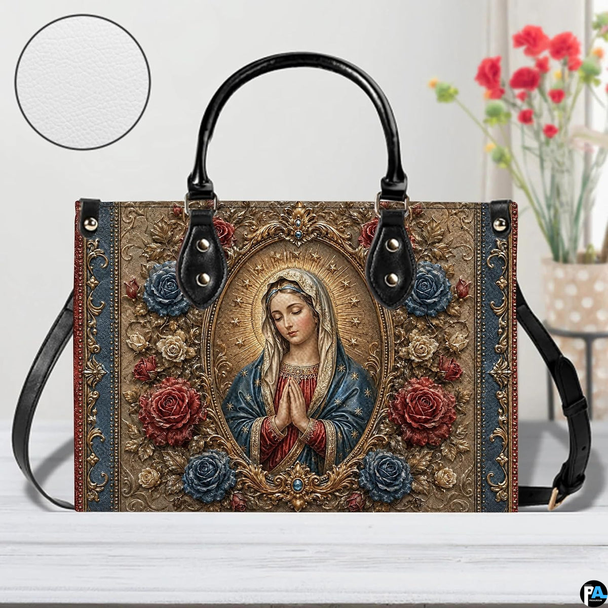 Baroque medallion Virgin Mary handbag displayed with texture zoom detail inset