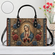 Baroque medallion Virgin Mary handbag displayed with texture zoom detail inset